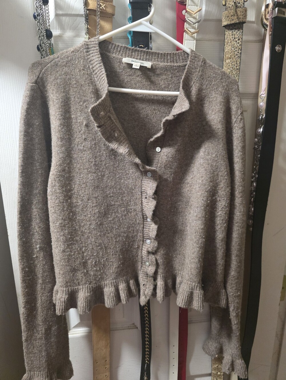 Women's Brown Ruffled Button-Front Sweater Cardigan Large
